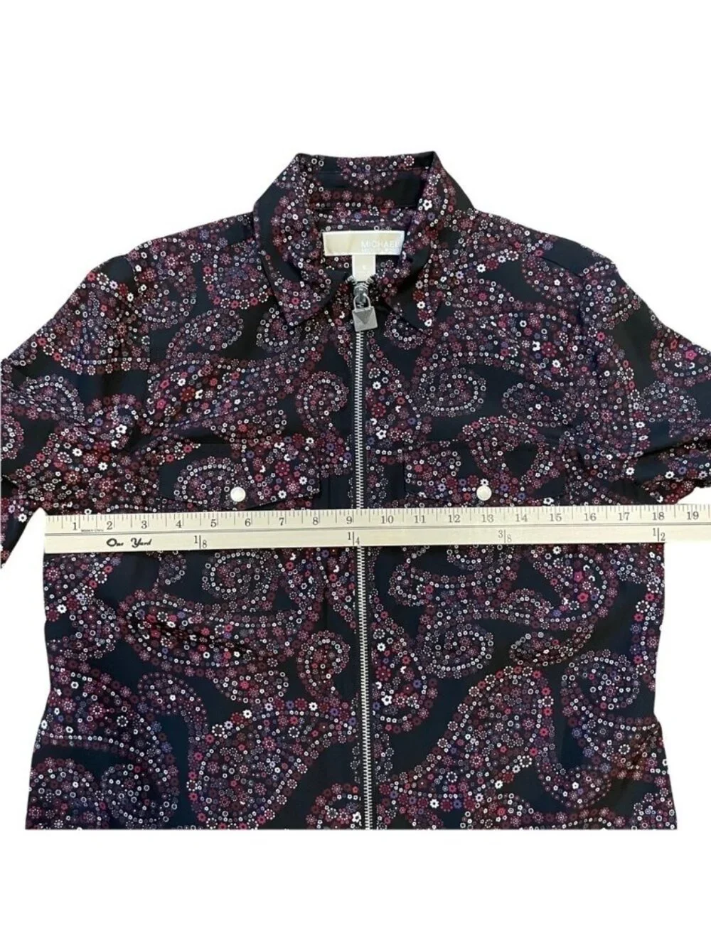 Michael Kors Black Purple Floral Blouse Paisley Long Sleeve Lock Zipper SMALL
